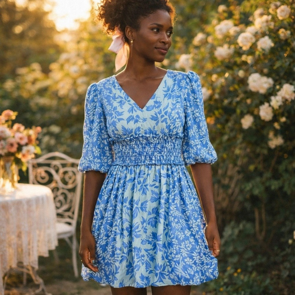Taylor Blue Floral Smocked Mini‎ Dress Cottagecore Garden Puff Sleeve Size 8